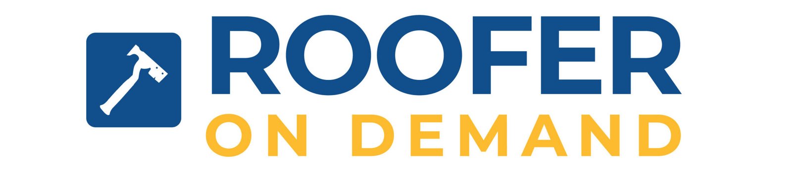 Logo for Roofer On Demand with a blue hammer icon on the left. ROOFER is written in bold blue text and ON DEMAND in smaller yellow text underneath on a white background.