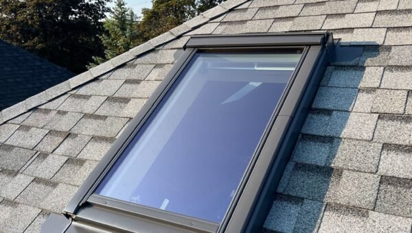 A skylight window installed on a sloped gray shingle roof, with trees and a clear blue sky in the background.