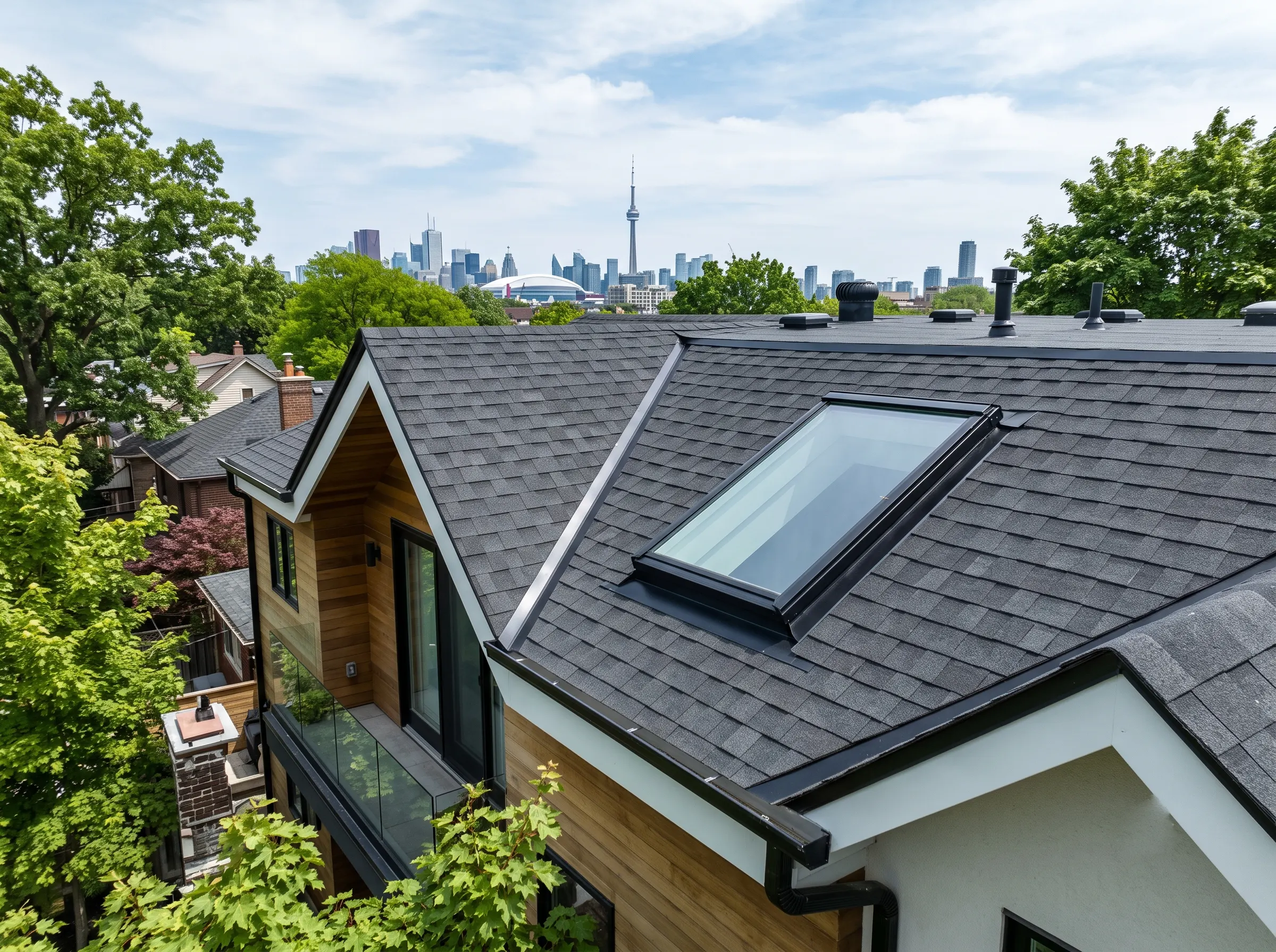 Modern house roof with a large skylight, surrounded by trees, and a city skyline with a tall tower in the background under a partly cloudy sky.