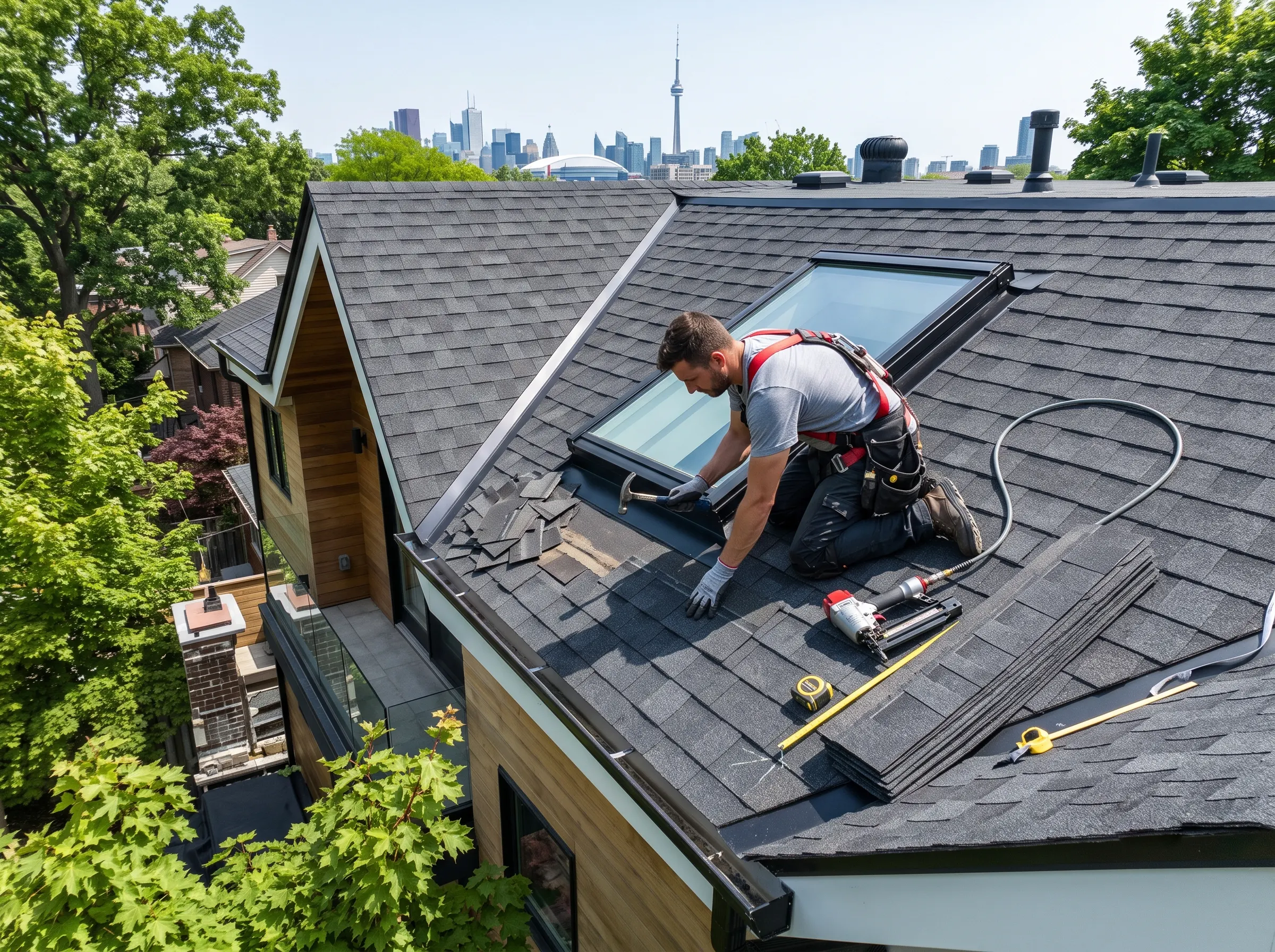 A roofer in safety gear installs shingles on a modern house roof, with tools nearby and a city skyline visible in the background on a sunny day.