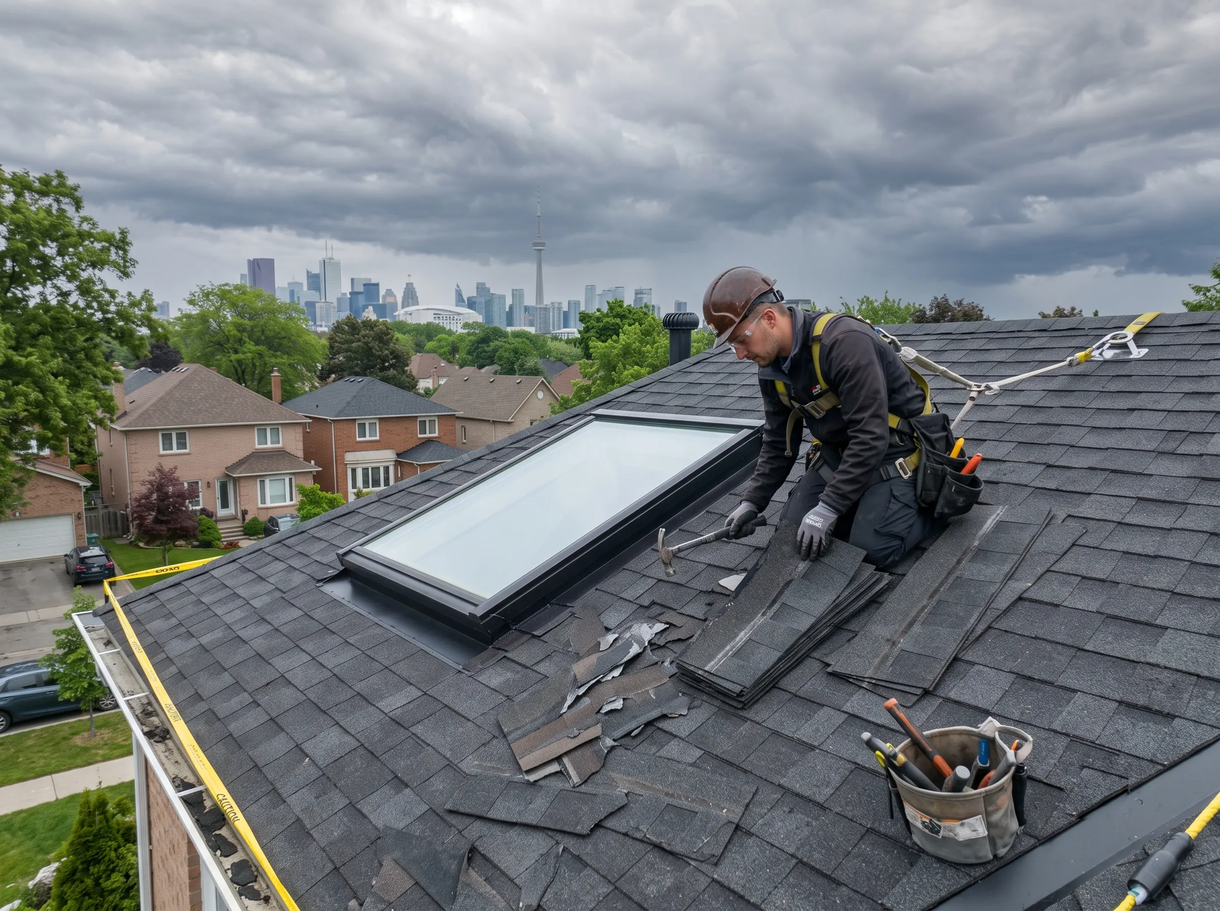 A roofer wearing protective gear installs shingles on a sloped roof with a large skylight, overlooking suburban houses and a city skyline under cloudy skies. Roofing tools and materials are nearby.