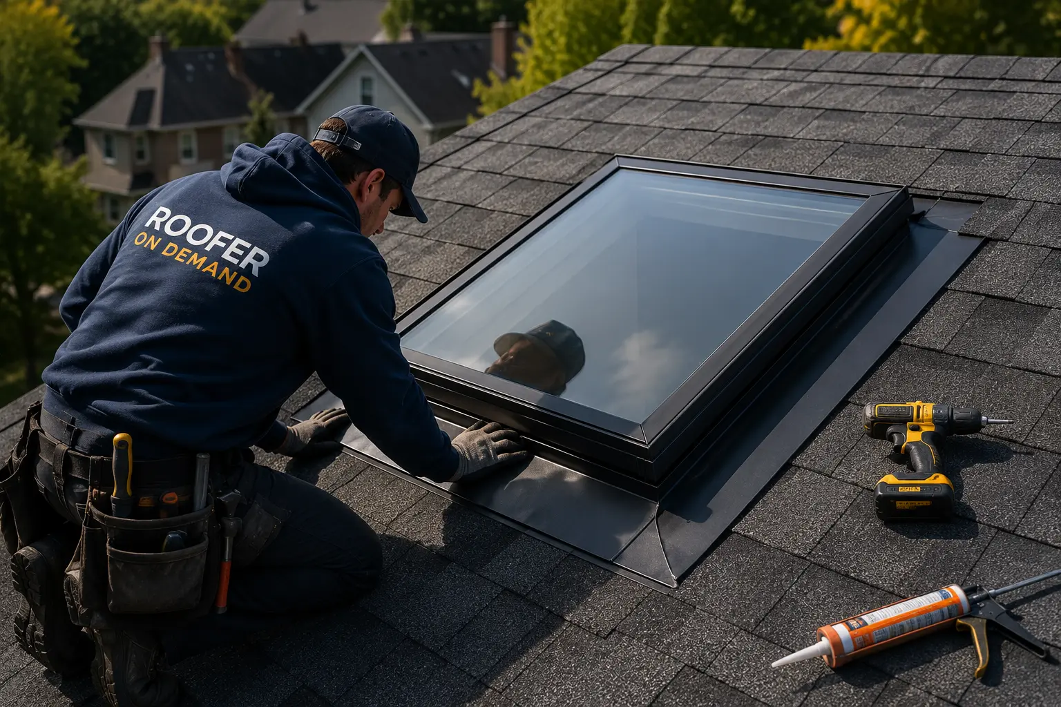 A roofer in a Roofer On Demand hoodie installs a skylight on an asphalt shingle roof. Tools, including a drill and caulk gun, are nearby. Trees and houses are visible in the background.