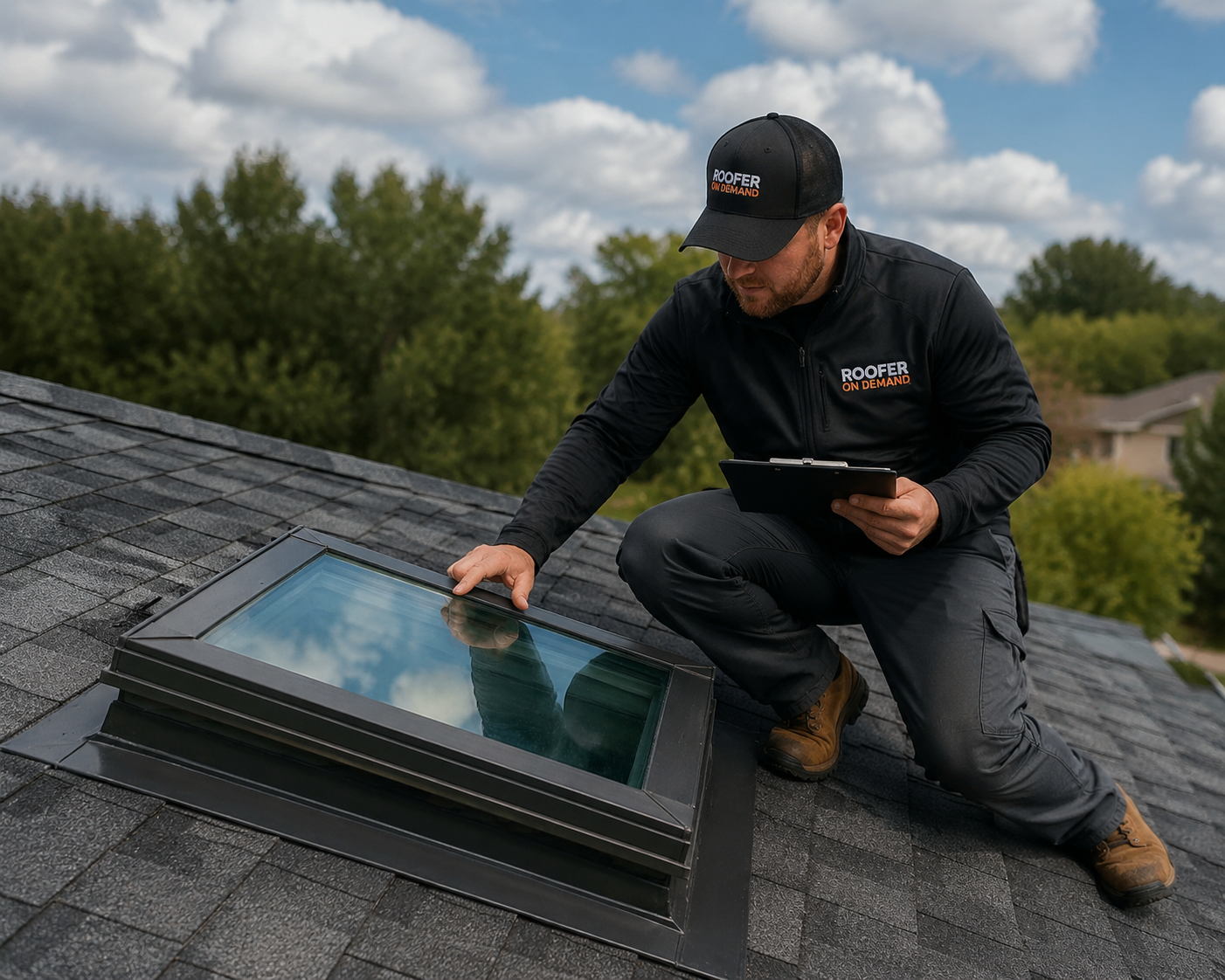 A roofer in uniform inspects a skylight on a roof, holding a tablet. Trees and houses are visible in the background under a partly cloudy sky.