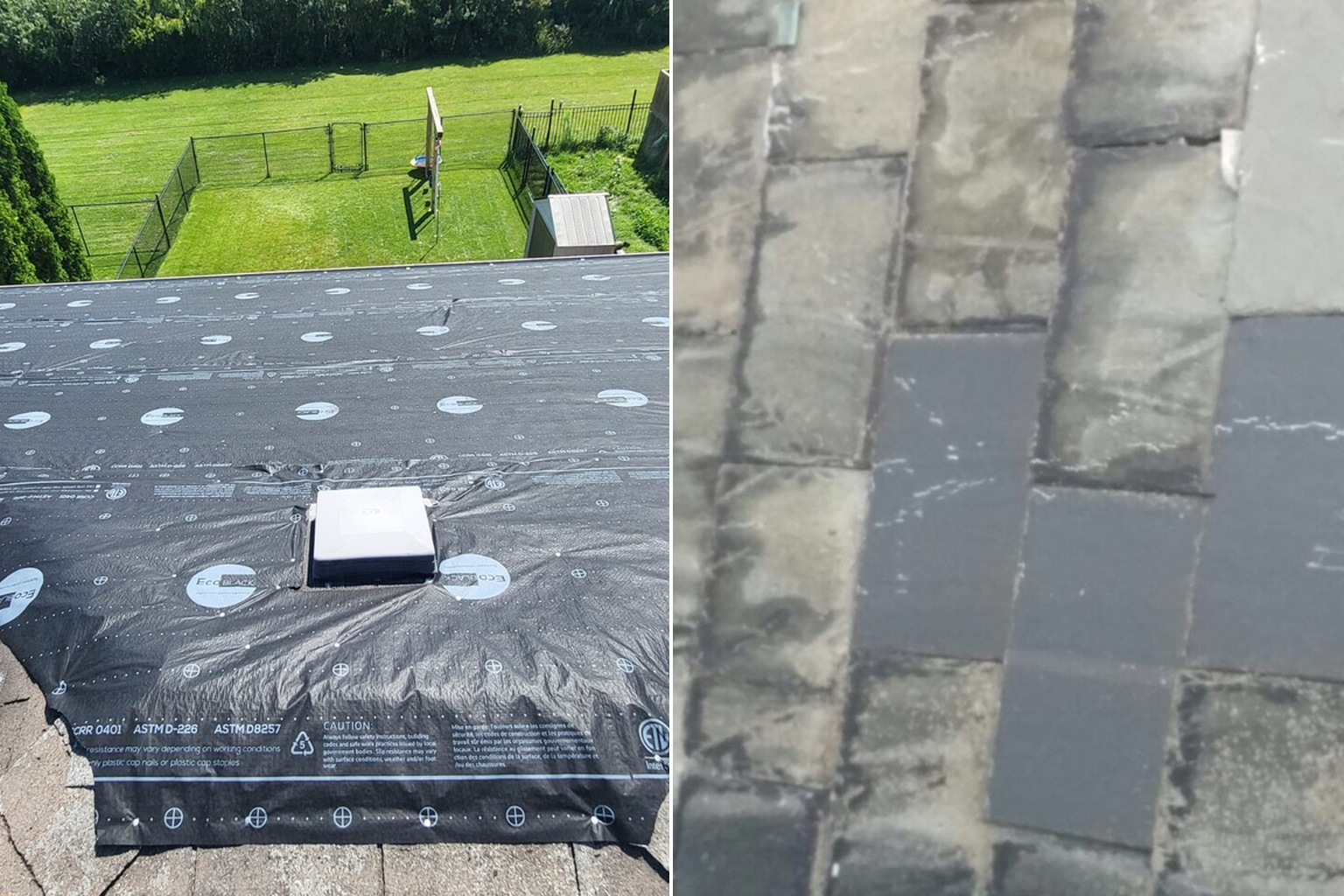 Split image: Left side shows a roof with black underlayment and a vent, overlooking a green yard—a clear sign of recent roof repair; right side shows old, weathered roof shingles with visible cracks and repairs.