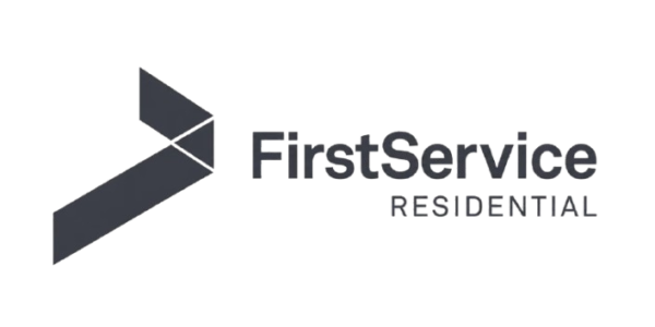 FirstService Residential logo featuring a geometric, arrow-like shape—reminiscent of a roof repair motif—to the left of the company name in bold, black letters on a light background.