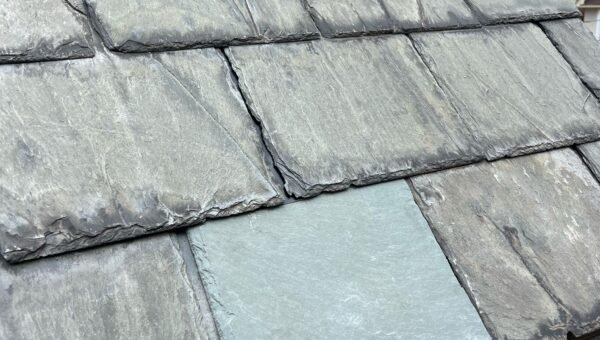 A close-up of a slate roof highlights one new, clean slate tile among older, weathered tiles—an evident sign of recent roof repair. The sky is overcast, with tree branches and rooftops visible in the background.