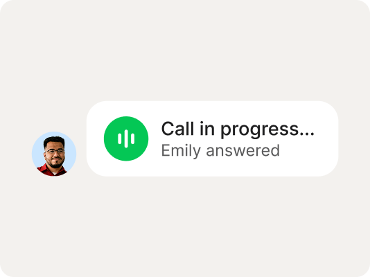 A chat notification shows Call in progress... Emily answered with a green icon and a small profile photo of a man with glasses and a beard.