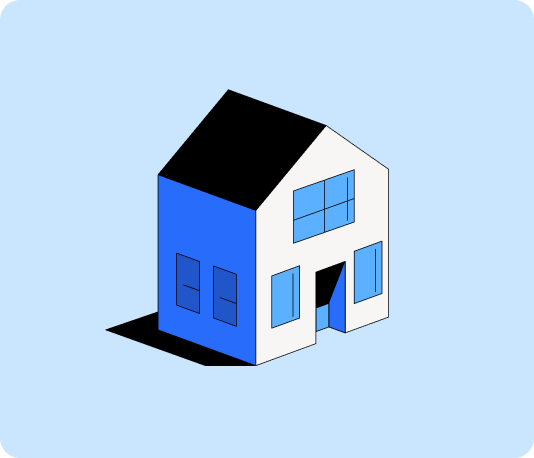 Simple illustration of a two-story house with white and blue walls, black roof, and windows, set against a light blue background. The house casts a black shadow to the left.