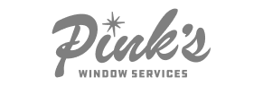 Logo for Pinks Window Services in bold script with a starburst dotting the i in Pinks. The text is gray on a light background.