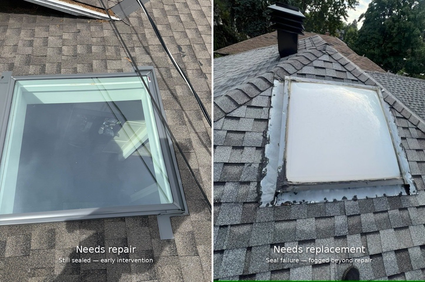 Two side-by-side images of skylights: the left one is clear and labeled Needs repair, while the right is cloudy and labeled Needs replacement. Both skylights are set in shingled roofs.