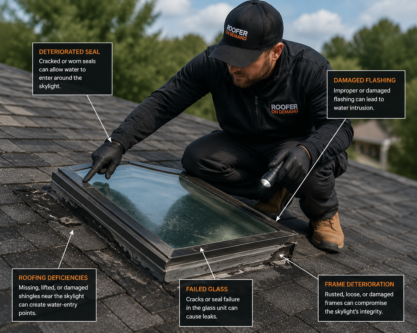 A roofer inspects a skylight on a roof, pointing at visible seal and flashing issues. Callout boxes highlight deteriorated seal, damaged flashing, roofing deficiencies, failed glass, and frame deterioration.