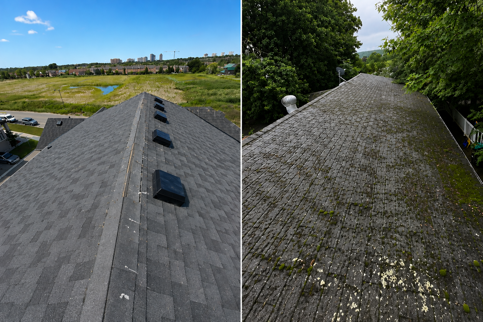 Split image showing two rooftops: left side has clean, new shingles from a recent roof repair; right side has old shingles covered in moss and lichen. Trees and a grassy field are visible in the background.