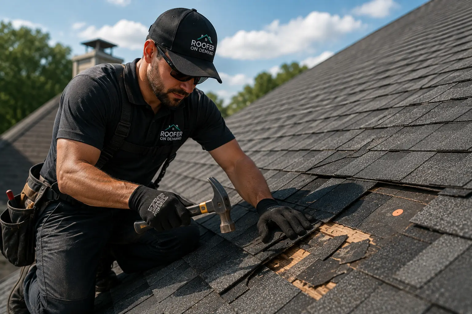 A person wearing black work clothes repairs roof shingles with a hammer on a sunny day, replacing damaged shingles on a house roof.
