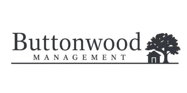 Buttonwood Management logo with a tree and small house silhouette to the right of the company name, subtly suggesting expertise in roof repair. The design is simple and uses a gray color scheme.