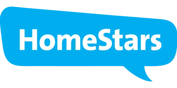 The HomeStars logo features the word HomeStars in bold white text inside a blue speech bubble, symbolizing trusted conversations about services like roof repair.