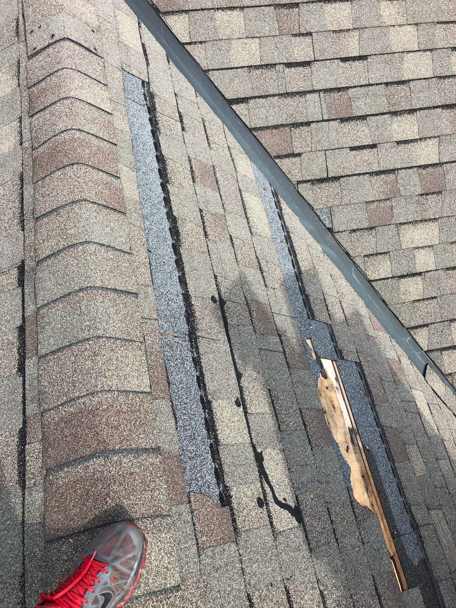 Close-up of a shingled roof with missing and damaged shingles, exposing the black underlayment and some wood. A persons red shoe is visible at the lower left corner.