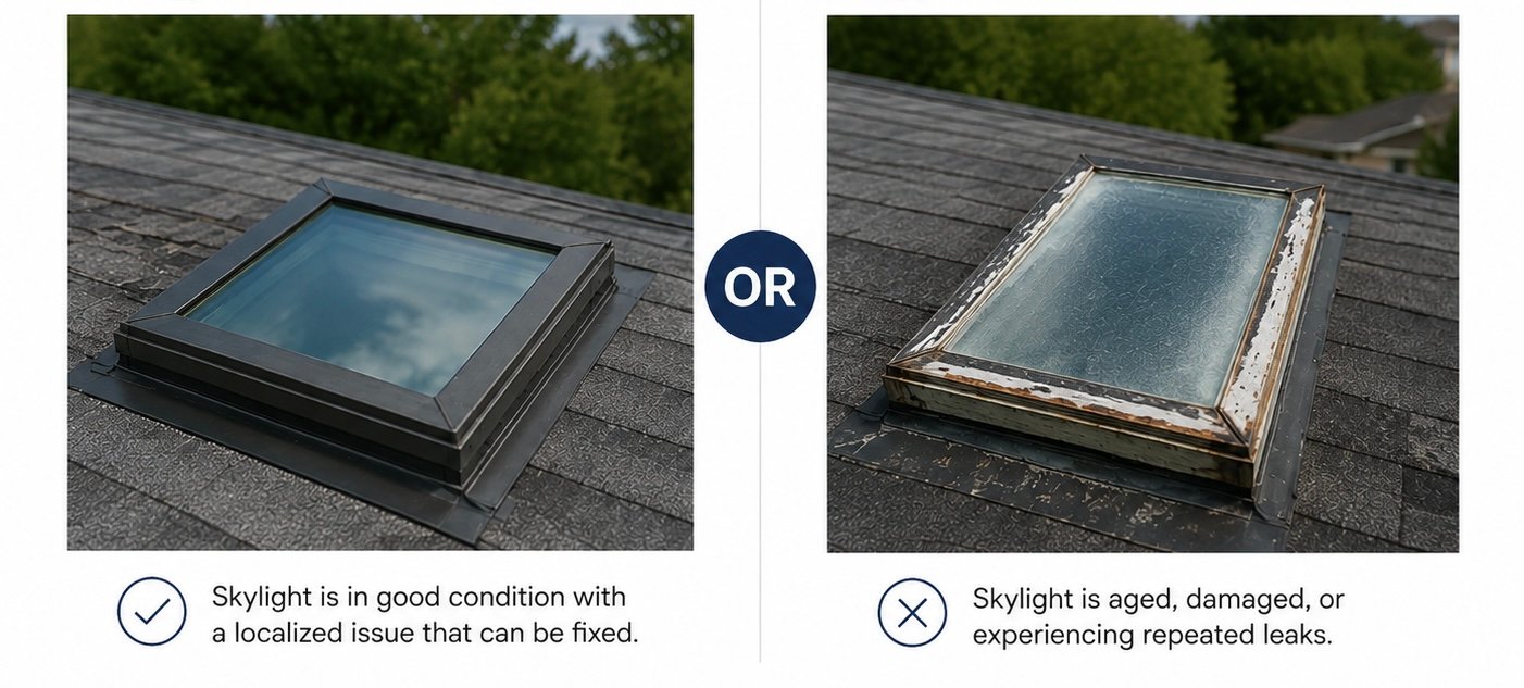 Side-by-side images show a new skylight in good condition on the left and an old, weathered skylight with rust and damage on the right, illustrating repair vs. replacement options.