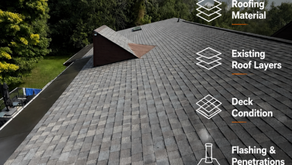 A gray shingle roof viewed from above with trees and sky in the background. Text with icons lists factors: Roof Size & Pitch, Roofing Material, Existing Roof Layers, Deck Condition, Flashing & Penetrations, Roof Complexity.