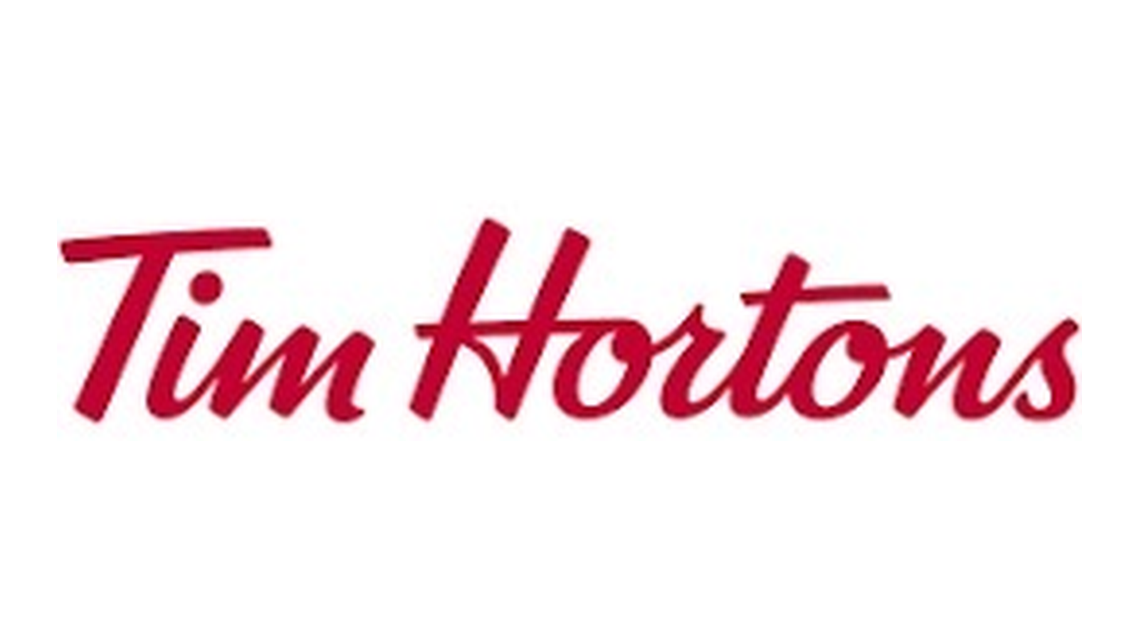 Red Tim Hortons logo in cursive font on a white background, reminiscent of a sign you might spot while waiting for roof repair.