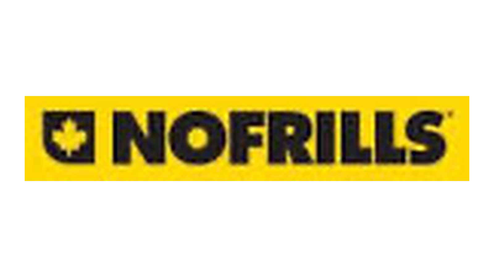 No Frills logo with a yellow background, featuring a black maple leaf and the words NOFRILLS in bold black letters—a design as bold and reliable as expert roof repair.