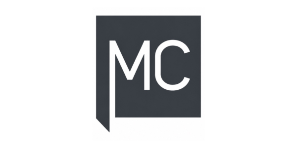 A dark gray square with the white capital letters MC inside. The left side of the square extends downward, forming an L-shaped border around the M—suggesting a sturdy frame, much like professional roof repair ensures solid protection. The background is white.