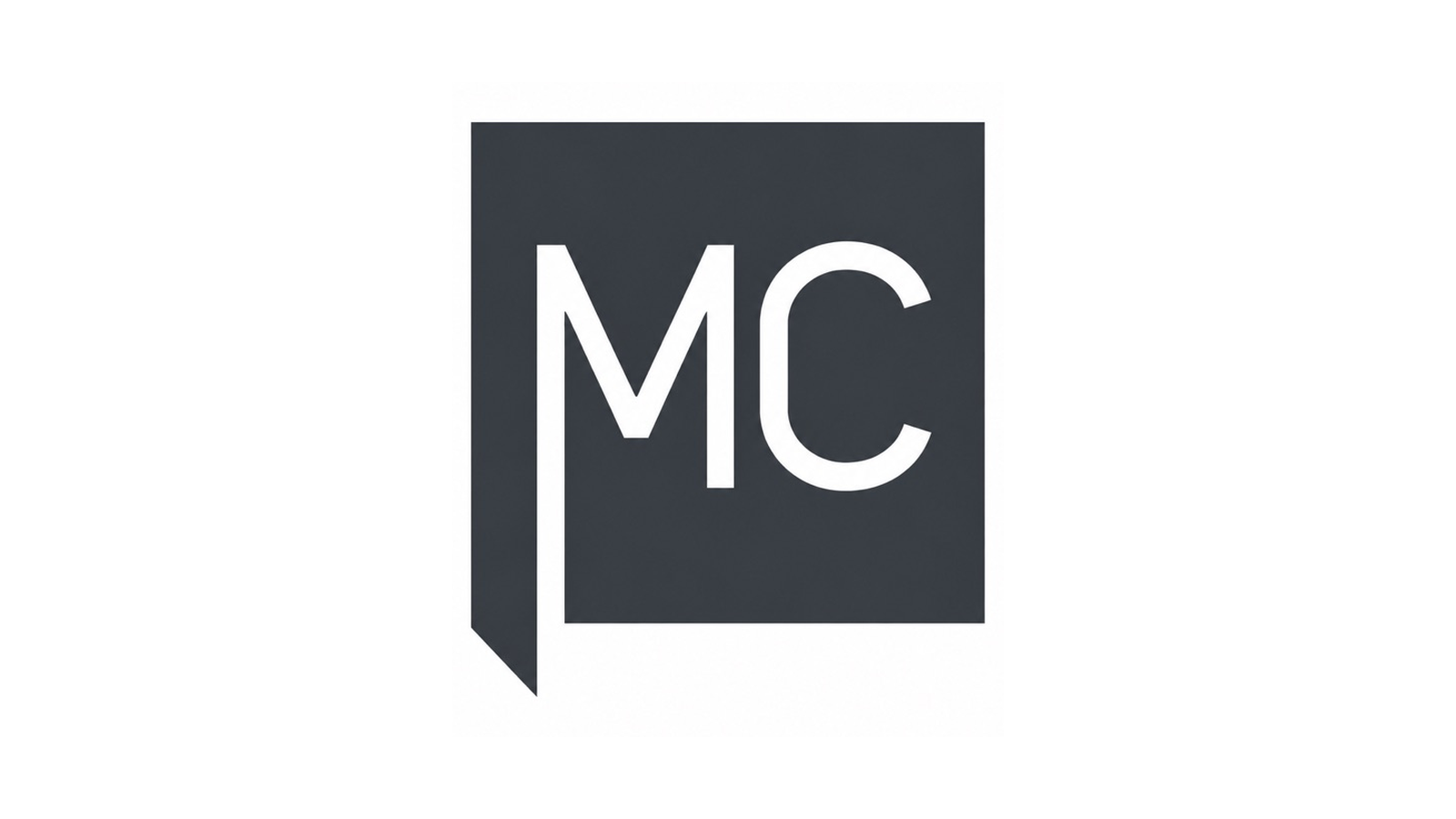 A dark gray square with the white capital letters MC inside. The left side of the square extends downward, forming an L-shaped border around the M—suggesting a sturdy frame, much like professional roof repair ensures solid protection. The background is white.