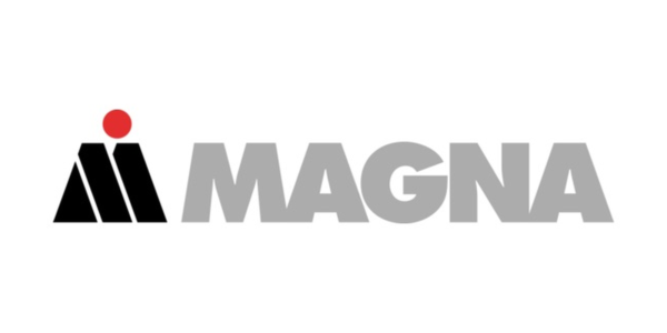 Magna logo with two black triangular shapes, resembling rooftops and a red dot above the left, forming an abstract M—suggestive of roof repair expertise—followed by the word MAGNA in large gray capital letters on a white background.
