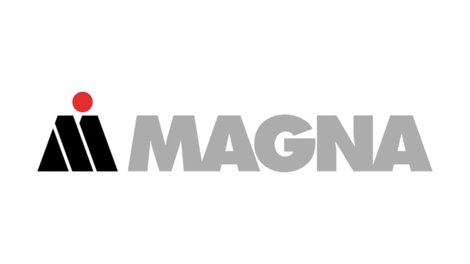 Magna logo with two black triangular shapes, resembling rooftops and a red dot above the left, forming an abstract M—suggestive of roof repair expertise—followed by the word MAGNA in large gray capital letters on a white background.