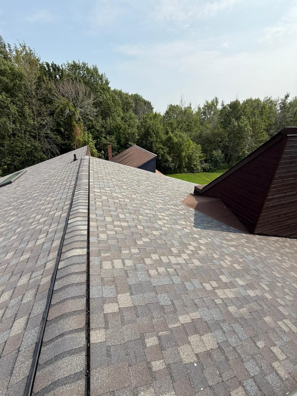 A rooftop with patterned shingles, two triangular skylights, and a background of trees under a partly cloudy sky.