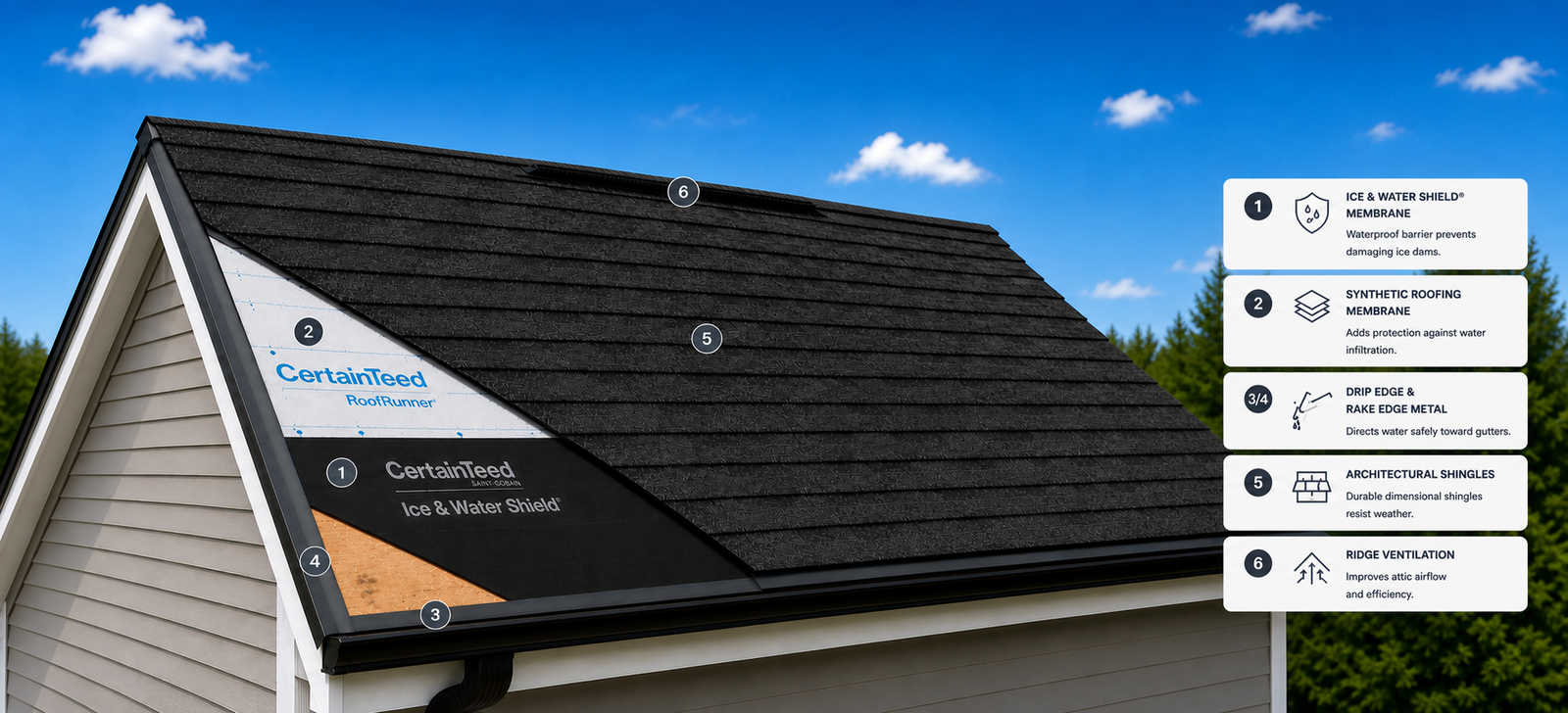A house roof diagram with labeled sections showing layers including architectural shingles, synthetic roofing membrane, ice and water shield, drip edge, and ridge ventilation against a blue sky—an invaluable visual aid for planning or understanding roof repair.