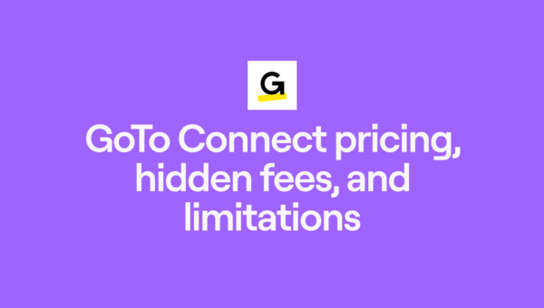 Purple background with a white square containing a black letter G above the text: GoTo Connect pricing, hidden fees, and limitations in bold white font.