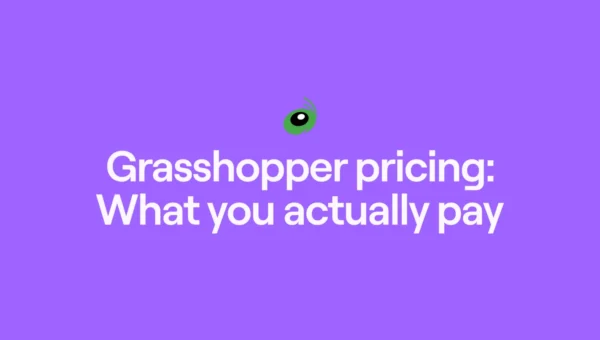 Purple background with a small green cartoon eye above the white text: Grasshopper pricing: What you actually pay..