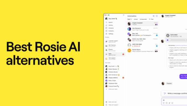 Yellow background with bold black text reading Best Rosie AI alternatives; on the right, a chat interface with messages, contacts, and user icons is displayed.