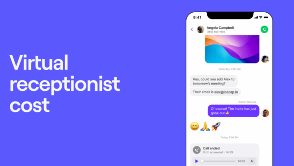 Smartphone screen showing a chat conversation about meeting details, with colorful graphics and emojis, on a purple background with the words Virtual receptionist cost in bold white text.