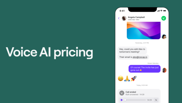 A smartphone screen shows a chat conversation, including text messages, emojis, and a voice call log. The words Voice AI pricing are displayed on a green background beside the phone.