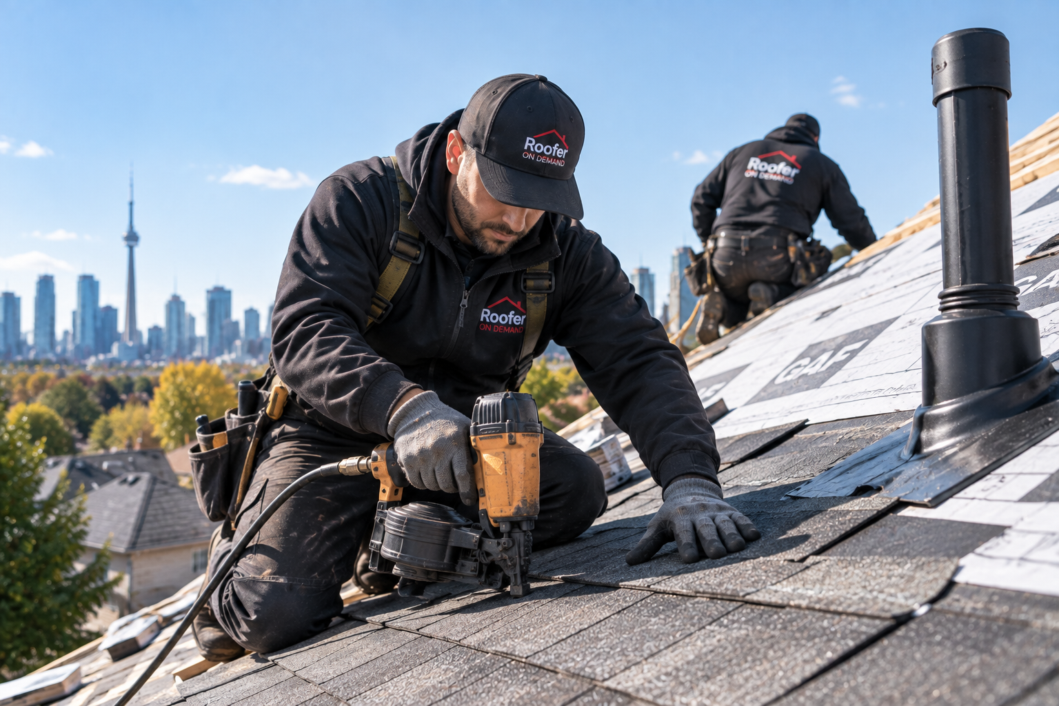 Two roofers in black uniforms install shingles on a rooftop using tools, with a city skyline and trees visible in the background under a clear sky.