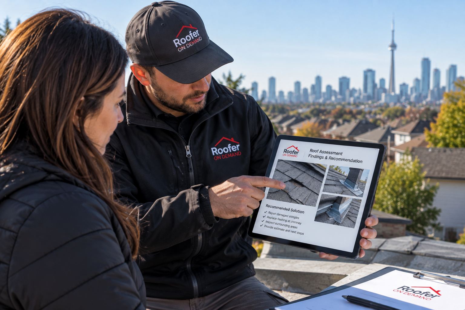 A roofer shows a tablet with a roof assessment report to a woman on a rooftop, with a city skyline and trees in the background.