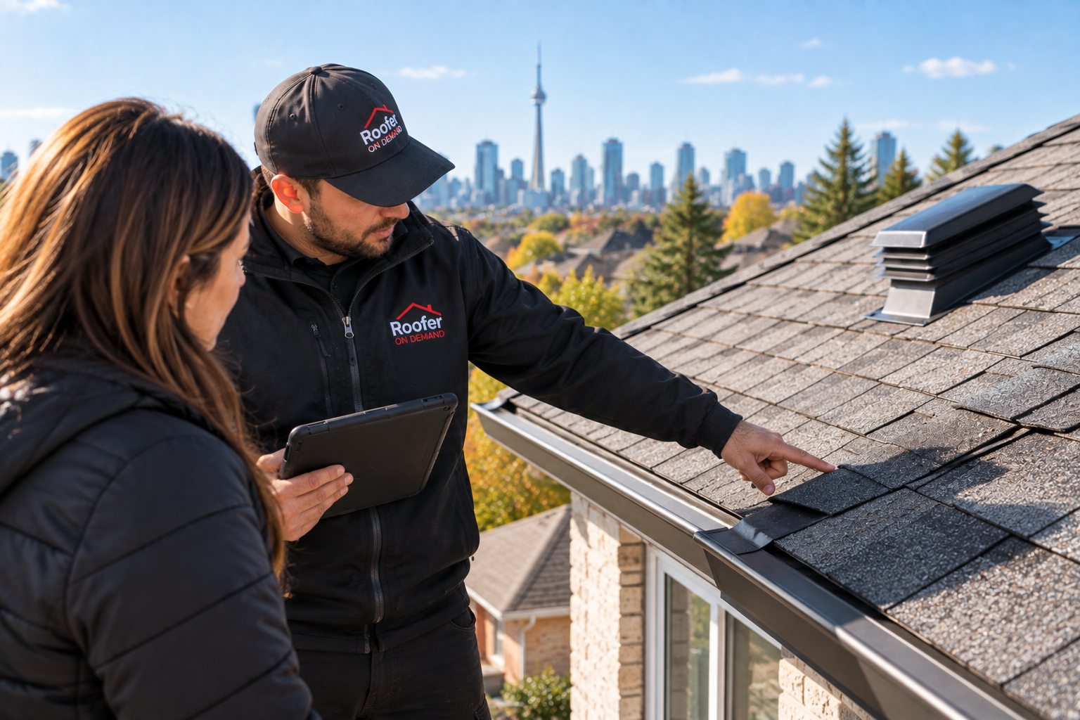 A roofer holding a tablet shows damaged shingles to a homeowner on a house roof, with a city skyline and trees visible in the background.