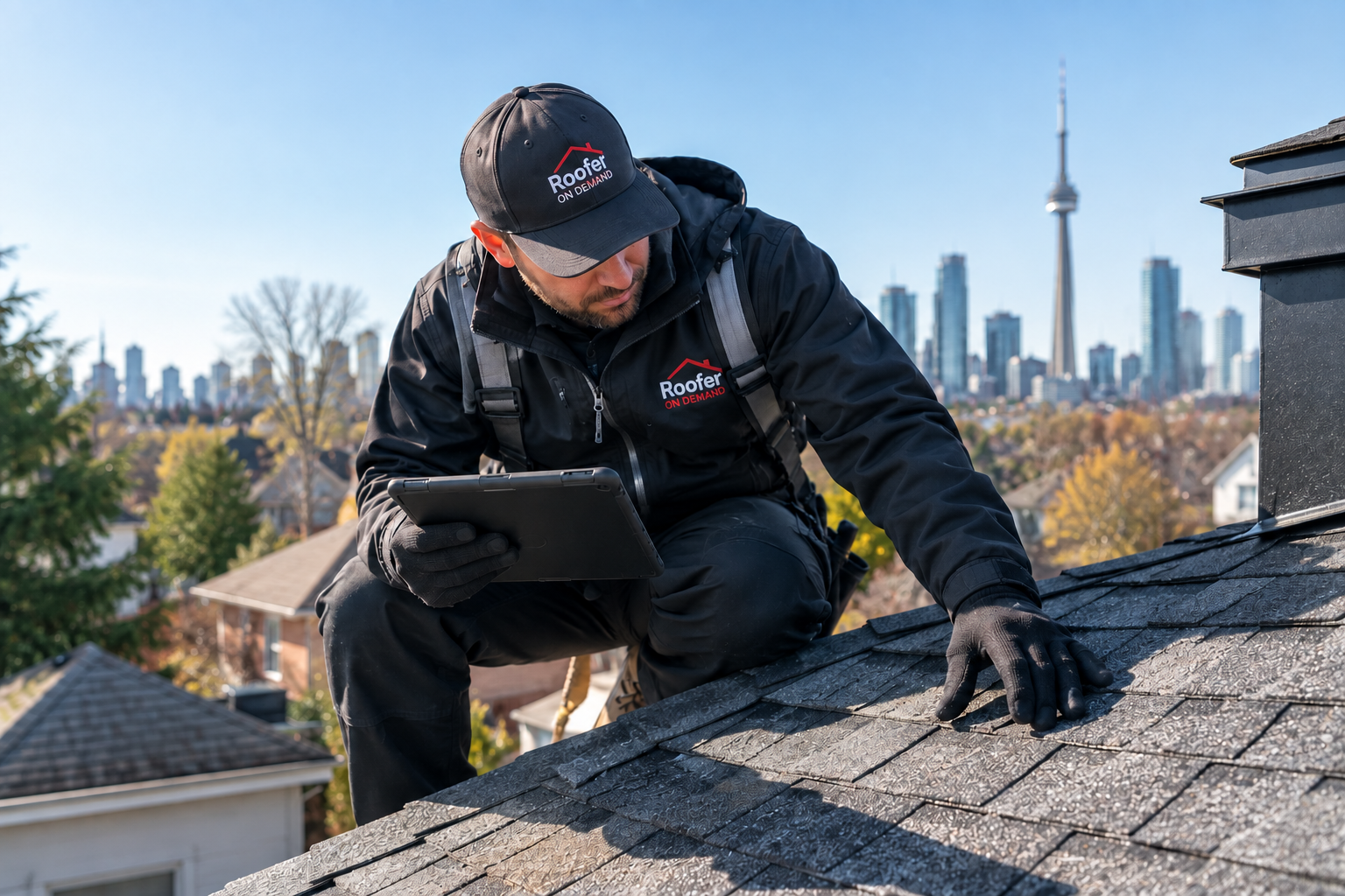 A roofer inspects house shingles with one hand while holding a tablet, wearing black work clothes. City skyline and the CN Tower are visible in the background on a clear day.