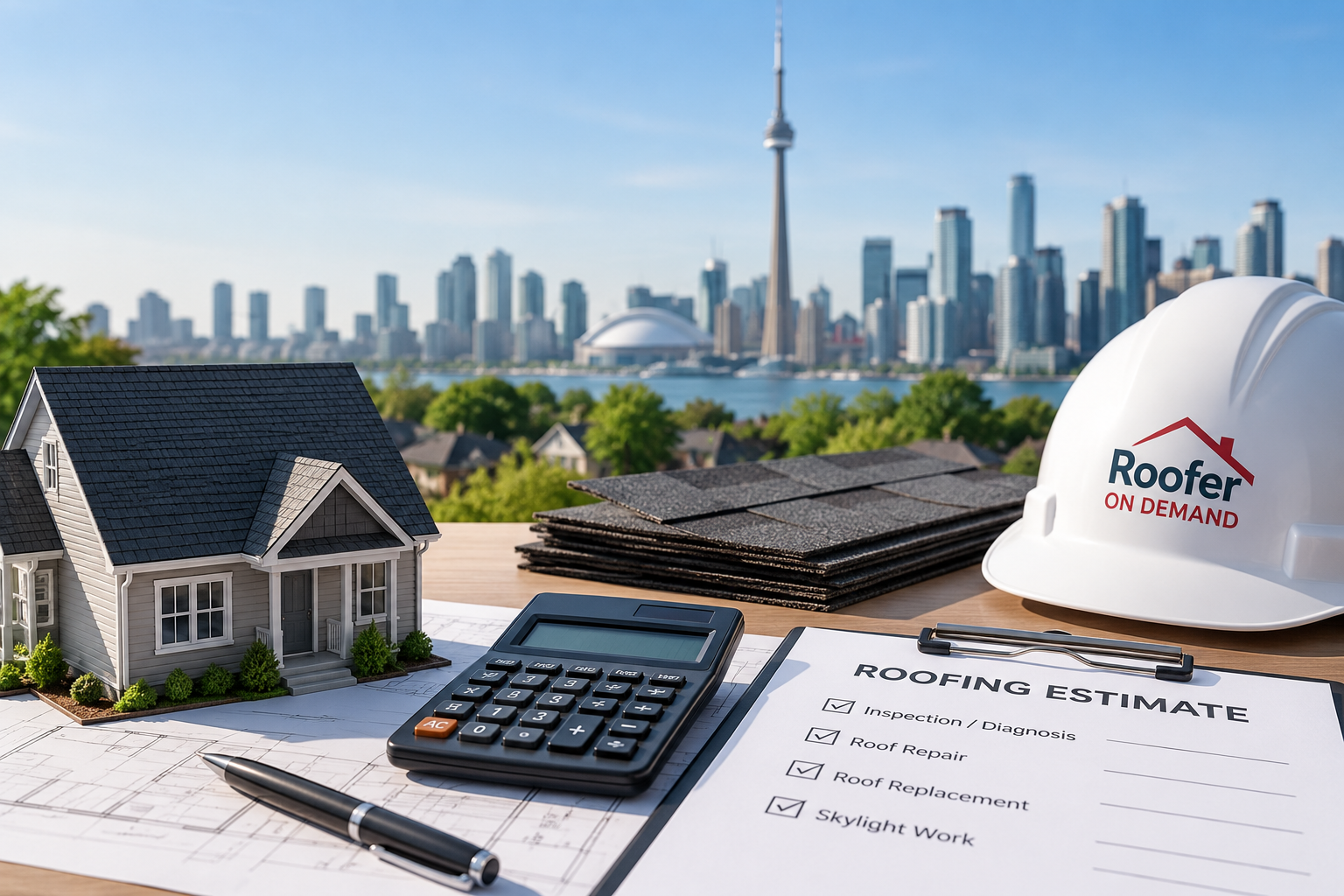 Mini house, calculator, roofing materials, and Roofer On Demand hard hat on table with a roofing estimate checklist; Toronto skyline and CN Tower in the background on a sunny day.