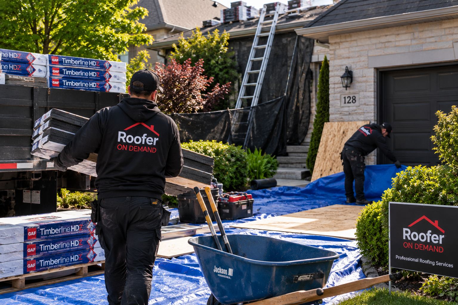 Roofers work on a house, with one carrying shingles and another near the garage. Roofing materials and tools are on blue tarps, and a Roofer On Demand sign is visible in the yard.