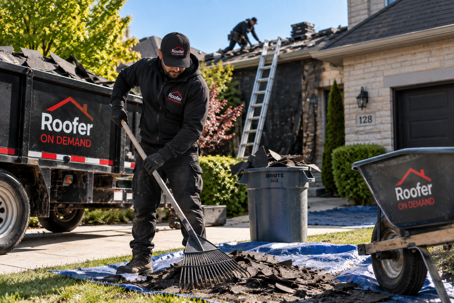 A roofer rakes debris onto a tarp in front of a house while another worker repairs the roof above. Two trucks and a wheelbarrow with Roofer On Demand branding are visible nearby.